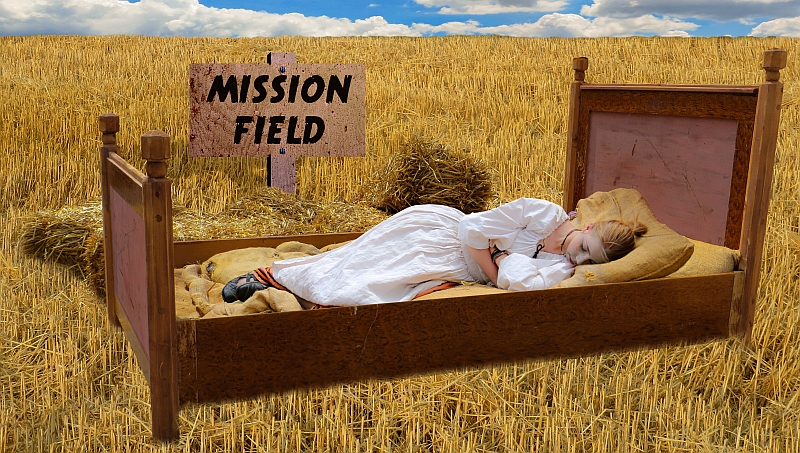 A bed is sitting in a large wheat field. On the bed is a sleeping woman. Posted just beyond the bed is a sign that reads "Mission Field".